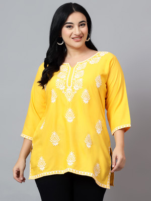LAXMIPRIYA DESIGN Women Chikan Embroidery Straight Kurta(Yellow)