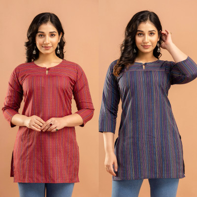 Maphaz Women Self Design Straight Kurta(Maroon, Dark Blue)