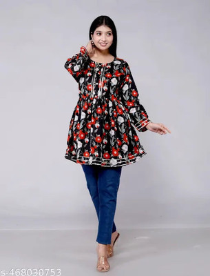 ARZOO Women Floral Print Flared Kurta(Black)
