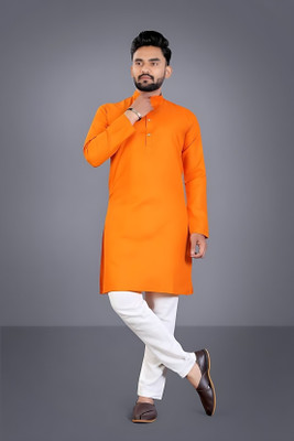 ART CURTAIN Men Solid Straight Kurta(Orange)