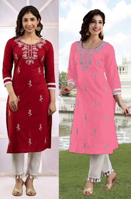 vikshi Women Chikan Embroidery Straight Kurta(Multicolor)