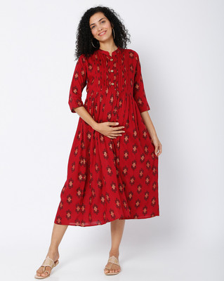 Saurabh Enterprises Women Printed Flared Kurta(Maroon)