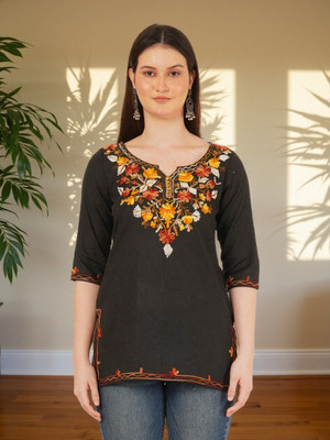 Miss Peach Women Embroidered A-line Kurta(Black)