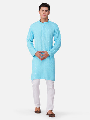 THE LITTLE BOY Men Embellished A-line Kurta(Light Blue)