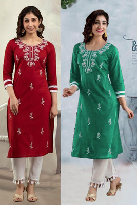 vikshi Women Chikan Embroidery Straight Kurta(Red, Green)