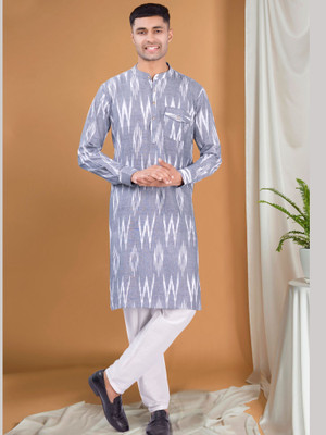 Shiwam Ethnix Men Printed Straight Kurta(Grey)