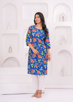 Toryan Women Printed, Floral Print Straight Kurta(Blue)