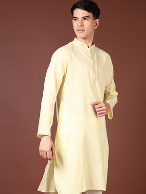 V-MART Men Solid A-line Kurta(Yellow)