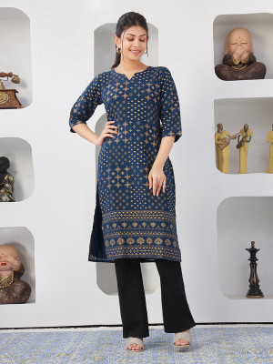 Anmi Printed Women Straight Kurta(Dark Blue)