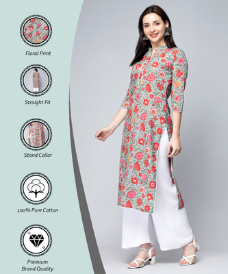 GREYSHADE Women Printed Straight Kurta(Green)