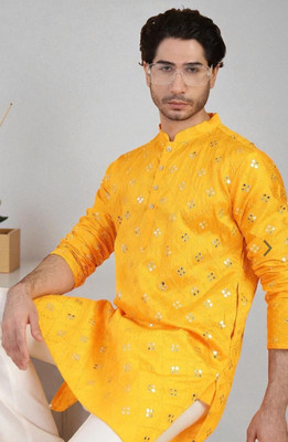 Bisswas Men Embroidered Straight Kurta(Yellow)