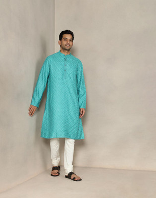 Fabindia Men Printed Straight Kurta(Blue)