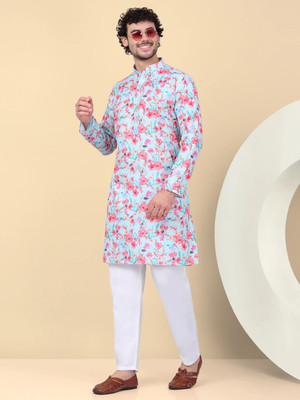 kraft india Men Floral Print Straight Kurta(Light Blue)