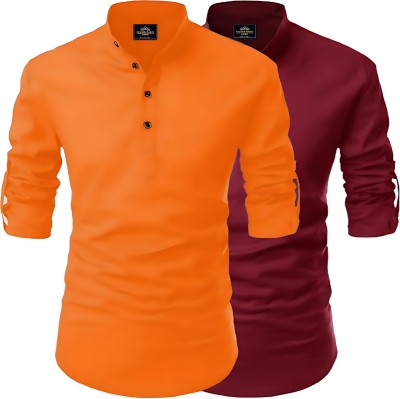 Infyshopy Fashions Men Solid Straight Kurta(Orange, Maroon)