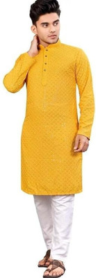Metro Traders Men Embroidered Straight Kurta(Yellow)