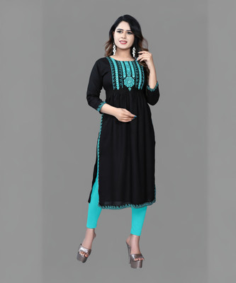 HAYA FASHION Women Embroidered Straight Kurta(Black)