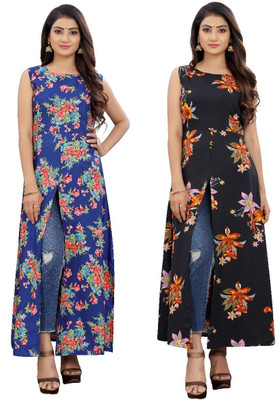 tanvi creation Women Floral Print Frontslit Kurta(Orange)