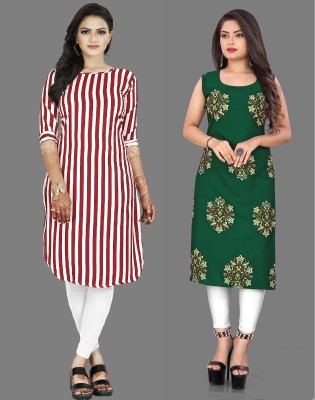 maruti fab Women Striped Straight Kurta(Green, Red)