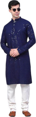 DHASU TRENDZ Men Embroidered Straight Kurta(Blue)