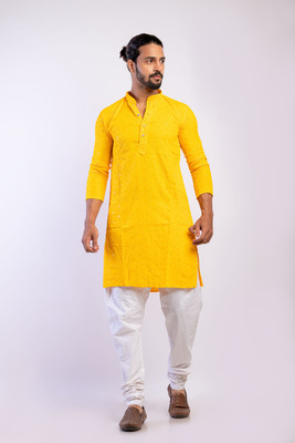 COLLARLINE Men Embroidered Straight Kurta(Yellow)