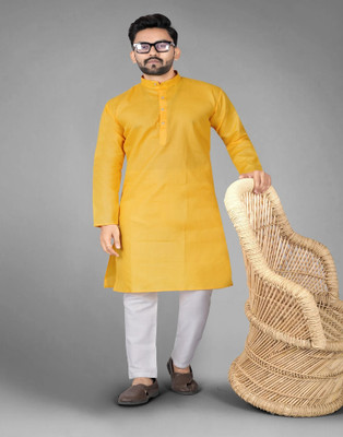 DHASU TRENDZ Men Solid Straight Kurta(Yellow)
