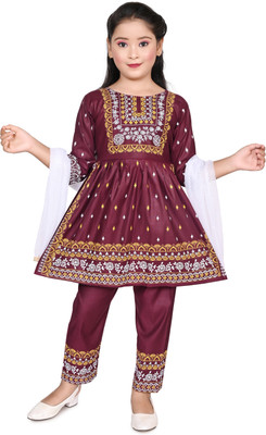 New Sakib Dresses Girls Block Print Anarkali Kurta(Red)