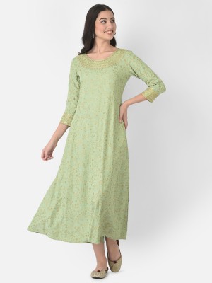 Span Women Printed Straight Kurta(Green)