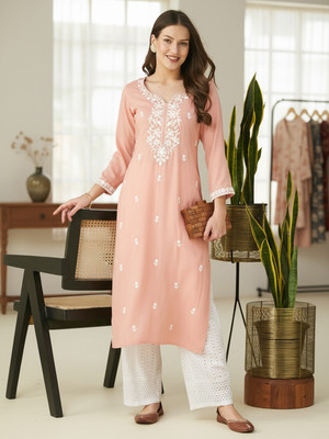 FORKEY Women Embroidered Straight Kurta(Pink)