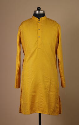 FOXDX Men Embellished Straight Kurta(Yellow)