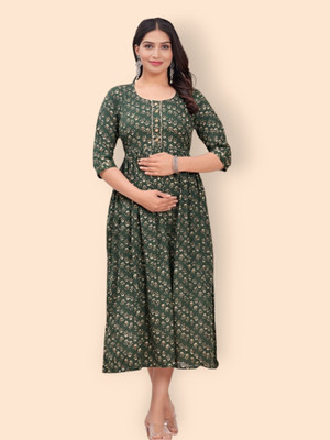 HouseOfCommon Women Printed Anarkali Kurta(Green, Beige)