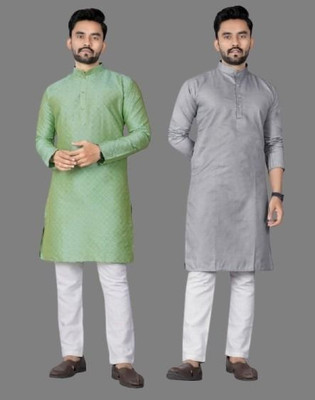 DHASU TRENDZ Men Self Design, Solid Straight Kurta(Green, Grey)