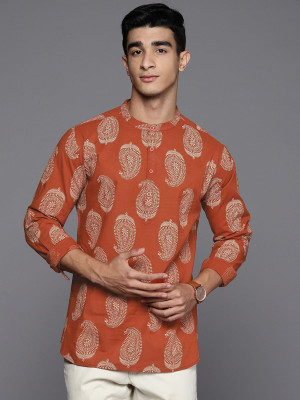 DIMMY Men Printed A-line Kurta(Orange)