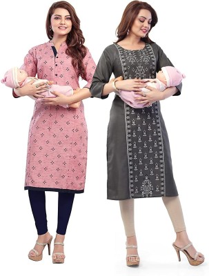 Mom&bae Women Printed Straight Kurta(Pink, Grey)