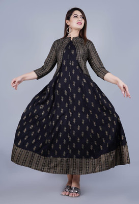 SHIFA Women Printed Anarkali Kurta(Black)