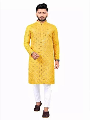 Nellist Men Embroidered Straight Kurta(Yellow)