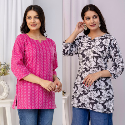 Dangra Women Floral Print Tunic Kurta(Pink, Multicolor)