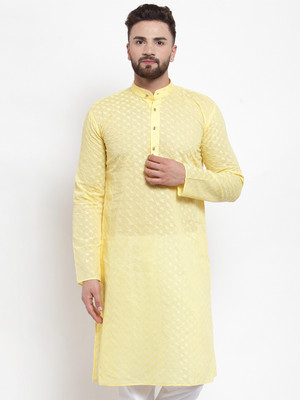 Jompers Men Self Design Straight Kurta(Yellow)