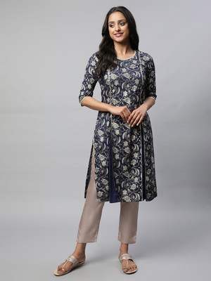 Aurelia Women Floral Print A-line Kurta(Blue)