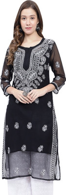 Mrs Right Women Embroidered A-line Kurta(Black)