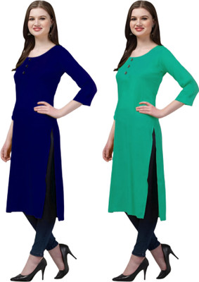 Coft Women Solid Straight Kurta(Green, Blue)