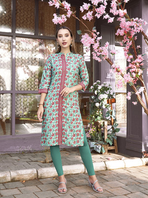 ANOUK Women Printed Straight Kurta(Light Green)