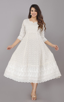 HITTU Women Chikan Embroidery Flared Kurta(White)