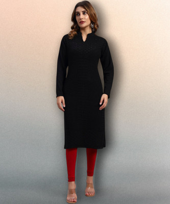 DRESSBASE Women Woven Design Straight Kurta(Black)