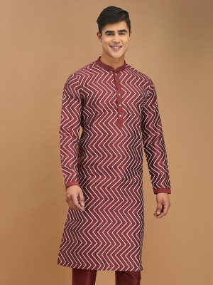 DEYANN Men Printed Straight Kurta(Maroon, White)