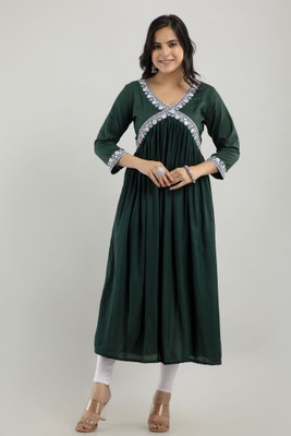 ftDiva Women Embroidered A-line Kurta(Dark Green)