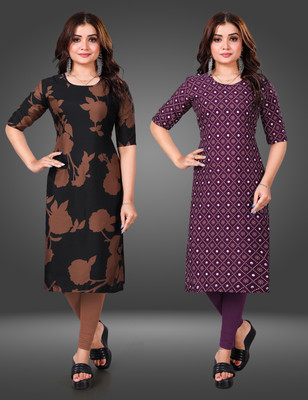 YATKSH Women Printed Straight Kurta(Purple)