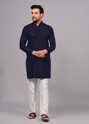 Tap in Men Embroidered Straight Kurta(Dark Blue)