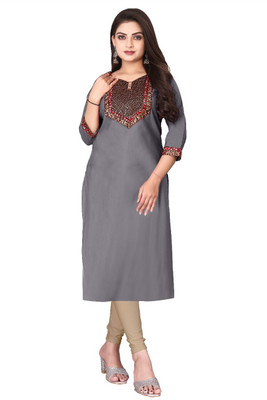 NIMIENTERPRIS Women Embroidered Straight Kurta(Grey)