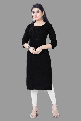 v naitikkumar Women Self Design Straight Kurta(Black)