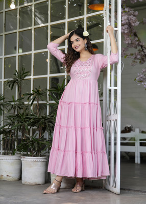 CHARVI CREATION Women Embellished Flared Kurta(Pink)